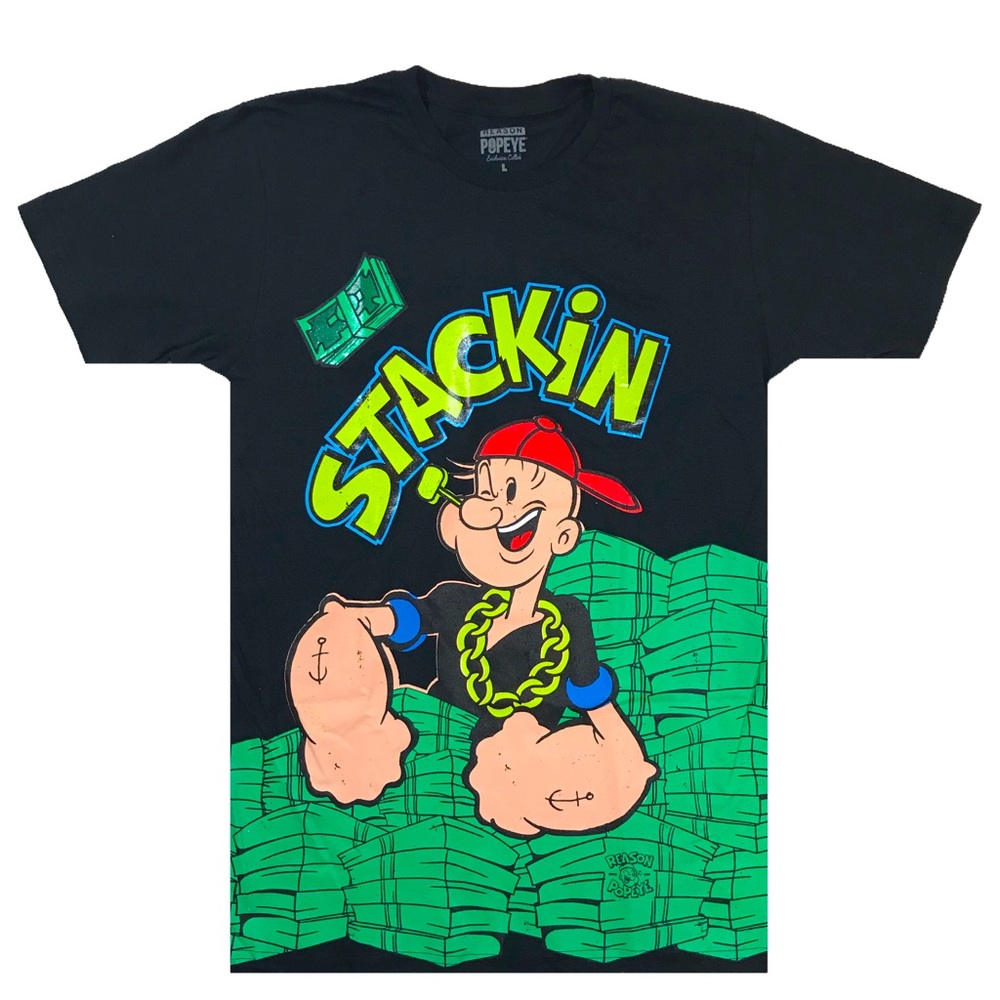 Men’s “Popeye Stackin” tee. Sizes S, M, L, XL, XXL, and XXXL.